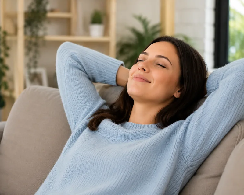 Pessoa relaxada em casa, com qualidade de vida